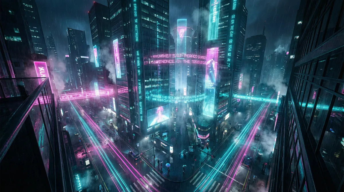 爱情闯进门全集下载 竖屏短剧平台首页背景 - 赛博朋克都市夜景